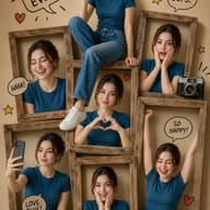ChatGPT AI-generated playful scrapbook collage photo of a woman in a blue shirt posing inside wooden frames with vintage cameras and drawn doodles.