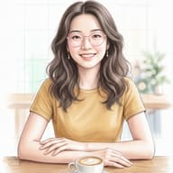AI generated digital watercolor illustration of a smiling young woman with dark wavy hair, pink glasses, and gold earrings wearing a yellow t-shirt, sitting at a cafe table with a cup of coffee.