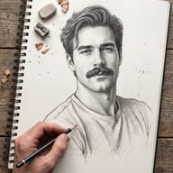 Gemini AI generated Artist hand holding a pencil over a detailed graphite sketch of a man with mustache.