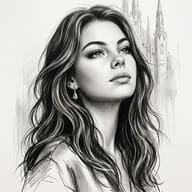 Gemini AI Photo Prompt: Monochrome sketch photo of a calm woman with defined eyebrows and a soft Gothic cathedral watercolor effect.