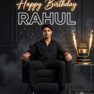 Indian Man in Black Outfit Birthday Neon Poster Portrait AI Photo Editing Prompt. AI generated digital portrait of a man in a black shirt sitting in an armchair beside a birthday cake with sparklers, under a glowing "Happy Birthday" neon sign.