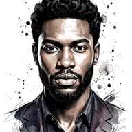 Black Man in Suit Sketch Portrait AI Photo Editing Prompt. AI generated digital portrait illustration of a Black man with curly hair and a beard, wearing a dark suit with watercolor paint splatters on a white background.
