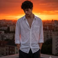 AI-generated emotional sunset photography of a young man in a slightly wet white shirt standing quietly against a glowing golden sky.
