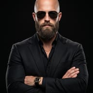 High-contrast Gemini AI portrait of an intense, stoic bald bearded man in a black suit and aviator sunglasses against a pitch-black background.