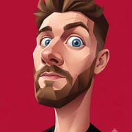 AI Photo Editing Prompt: Geometric 3D graphic portrait of a man with spiky brown hair and a beard looking upwards against a deep red background.
