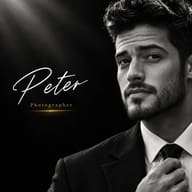 ChatGPT Photo Prompt: Dark atmospheric monochrome image of a bearded man adjusting his tie, featuring glowing gold photographer text.