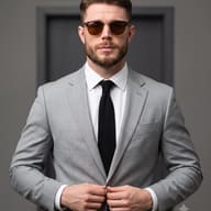 AI prompt: Photorealistic image of a bearded man in premium menswear featuring a gray suit and clubmaster sunglasses facing the camera.