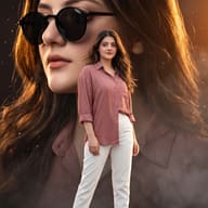 AI-generated digital illustration of a young woman in a pink shirt and white trousers, layered over a dramatic close-up double-exposure portrait of her face in sunglasses with golden backlighting.