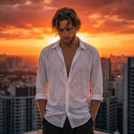 Gemini AI Photo Prompt: Dramatic golden hour portrait of a handsome man with wavy hair overlooking a modern city skyline from a high roof.
