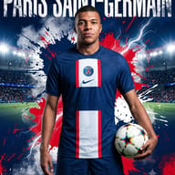 Dynamic Football Player Stadium Splash Art AI Photo Editing Prompt. AI generated digital illustration of a player in a blue Paris Saint-Germain kit holding a football, surrounded by dynamic red and white paint splashes against a stadium background.