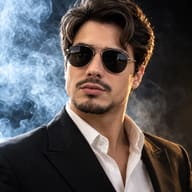 AI generated portrait of a Stylish man in an open-collar white shirt and dark sunglasses with golden rim lighting.