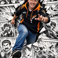 AI Prompt: Smiling man in a racing hoodie escaping from a high-contrast car racing manga page.