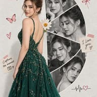 AI Image Prompt: Aesthetic love-themed digital collage featuring a woman looking over her shoulder in a sparkling green gown with romantic quote stickers.