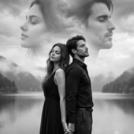 B&W Double Exposure Couple Portrait AI Photo Editing Prompt. AI generated conceptual double-exposure portrait of a B&W couple, eyes closed, holding hands back-to-back over a misty mountain lake with large faded ghost profile faces in the cloudy sky.