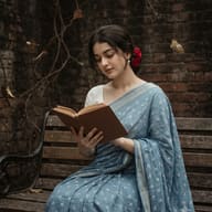 Retro Vintage Style Woman Reading Portrait Prompt. AI generated cinematic portrait of an elegant woman in a floral blue saree reading on a rustic wooden bench, capturing a deeply contemplative and nostalgic mood with quiet luxury aesthetics.