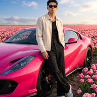 Stylish Asian Man and Pink Car in Tulip Field AI Photo Editing Prompt. AI generated outdoor fashion portrait of a handsome Asian man wearing sunglasses and a white jacket leaning against a bright pink sports car in a field of pink tulips.   