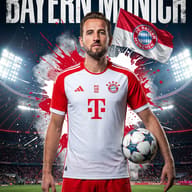 AI generated digital illustration of a bearded player in a Bayern Munich kit holding a soccer ball in a packed stadium against a red paint splash background.