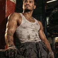 ChatGPT AI Photo Prompt: Dramatic low-angle portrait of a young muscular man with a beard, wearing a dirty white tank top and mechanic gloves, leaning against a red and white pillar.