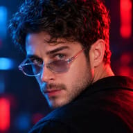 AI Photo Prompt: Intense close-up portrait of a man wearing transparent sunglasses with strong volumetric blue and red neon lighting across his face.