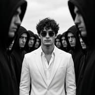 Man with curly hair and dark sunglasses in white suit standing center of hooded crowd, cinematic black and white image
