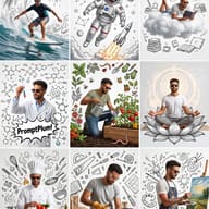 Line Art Lifestyle Grid AI Photo Editing Prompt. AI generated artwork of a man portrayed as a scientist, astronaut, chef, and carpenter within a nine-panel doodle-style layout.