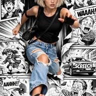 AI Image Prompt: Photorealistic blonde woman stepping out and escaping from a 2D comic book panel.