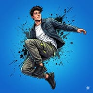 Jumping Guy in Streetwear AI Photo Editing Prompt. AI generated digital illustration of a young man leaping mid-air in a denim jacket and cargo pants against a blue background with black paint splatters.