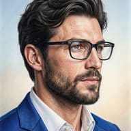 Mature Man in a Blue Suit Portrait AI Photo Editing Prompt. AI generated illustrated portrait of a handsome man with dark hair and blue eyes, wearing thick black glasses and a rich blue suit, looking to the right against a textured background.