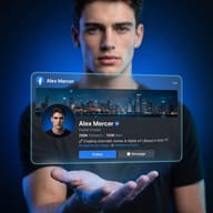 AI Prompt: Portrait of a Handsome man extending his palm under a glowing blue holographic Facebook Page interface.