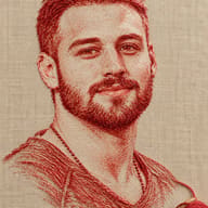 ChatGPT AI Generated red thread art of a bearded man with short hair and a beaded necklace stitched on beige linen with a wooden spool.