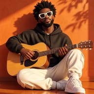 3D Boy Playing Guitar Illustration AI Photo Editing Prompt. AI generated 3D digital illustration of a cool cartoon boy in a black hoodie and white sunglasses sitting on the floor playing an acoustic guitar against a sunlit orange wall.