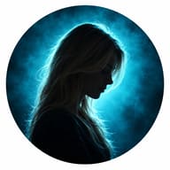 ChatGPT AI Prompt: Cinematic cyan backlit silhouette of a young woman with long wavy hair in a circular profile picture format.