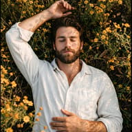 Peaceful Man in Yellow Flowers AI Photo Editing Prompt. AI generated nature portrait of a young man with closed eyes wearing a white shirt, lying peacefully in a field of yellow daisies.