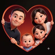 AI Photo Prompt: Softly lit 3D animated portrait of a family, including a baby, framed by a red-orange heart against a dark background.