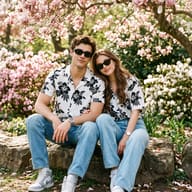Couple in Matching Floral Shirts Garden Portrait AI Photo Editing Prompt. AI generated outdoor portrait of a smiling couple wearing matching black and white floral shirts, blue jeans, and sunglasses while sitting together in a blooming spring garden.