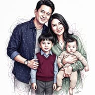 Family Portrait Sketch Art AI Photo Editing Prompt. AI generated portrait illustration of a smiling Asian family of four, rendered in a textured, colorful scribble sketch art style.