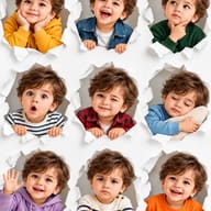 AI Photo Prompt: Studio photography collage of a curly-haired toddler boy smiling, winking, and sleeping inside nine 3D ripped paper frames.