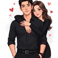 Romantic Couple in Matching Black Outfits Manhwa-style Digital Illustration AI Photo Editing Prompt. AI generated Digital Illustration of a young couple in a warm embrace with the woman hugging the man from behind, both smiling and wearing matching black shirts, surrounded by floating hearts on a textured background.