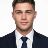 AI Image Prompt: Front-facing passport-style business headshot of a young man in a dark navy suit and tie with a silver clip on a