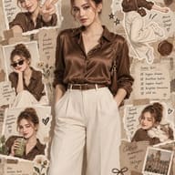 Scrapbook Aesthetic Girl Collage AI Prompt. AI generated aesthetic digital illustration of a multi-pose scrapbook collage featuring a young woman in a brown satin shirt and positive journal notes.