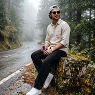 AI generated cinematic outdoor portrait of a young man wearing a cap and sunglasses sitting on a mossy stone wall by a foggy forest road, holding an energy drink can.
