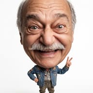 Gemini AI Photo Prompt: Funny oversized head caricature photography of a cheerful older bald man with a white mustache showing a peace sign in a denim jacket.