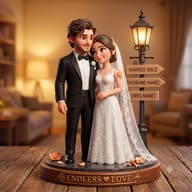 AI generated 3d miniature diorama of a loving bride and groom embracing by a warm vintage lamp.