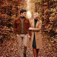 Autumn Woods Cinematic Photography AI Photo Prompt. AI generated realistic photo of a stylish couple in autumnal outfits, holding hands and walking together in a dense forest path covered in fallen leaves.