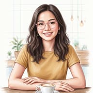 AI generated digital watercolor portrait of a smiling woman in a yellow t-shirt and pink glasses sitting at a cafe with coffee.