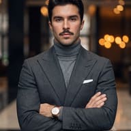 Professional Male Portrait AI Photo Editing Prompt. AI generated studio portrait of a confident man in a grey suit and turtleneck with crossed arms.