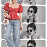 AI Photo Prompt: Sophisticated fashion scrapbook design featuring an elegant woman in a red puff-sleeve top layered above four black-and-white editorial portraits