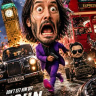 AI Photo Prompt: Funny blockbuster movie poster of a giant-headed John Wick caricature in a purple suit running frantically through a chaotic London street.