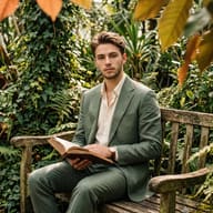 Man in Green Suit Reading Book in Botanical Garden Cinematic Portrait AI Photo Editing Prompt. AI generated cinematic portrait photography of a handsome young man in a green suit sitting on a wooden bench in a lush green jungle holding an open vintage book.