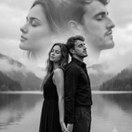 Double Exposure Portrait AI Photo Editing Prompt. AI generated portrait art of a couple standing back-to-back with faded faces over a misty lake.